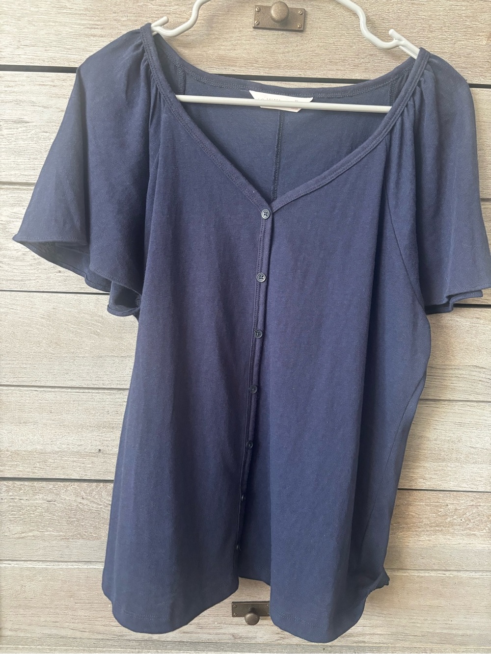 LC Lauren Conrad Navy Button-Front Flutter Sleeve Top
